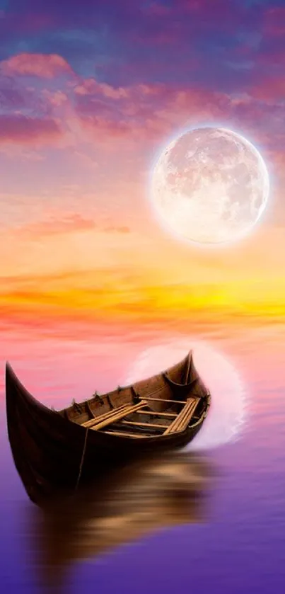 Moonlit boat on a vibrant sunset reflecting on serene waters.