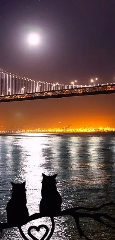 Moonlit bridge with owls and water reflections at night.