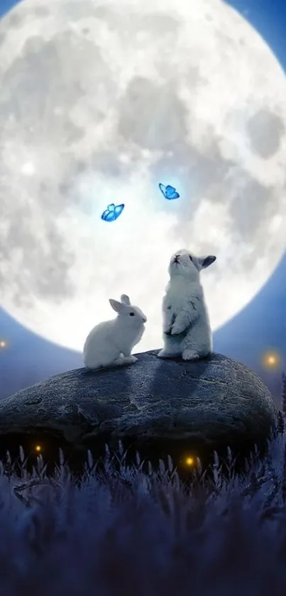 Rabbits and blue butterflies under a glowing full moon.