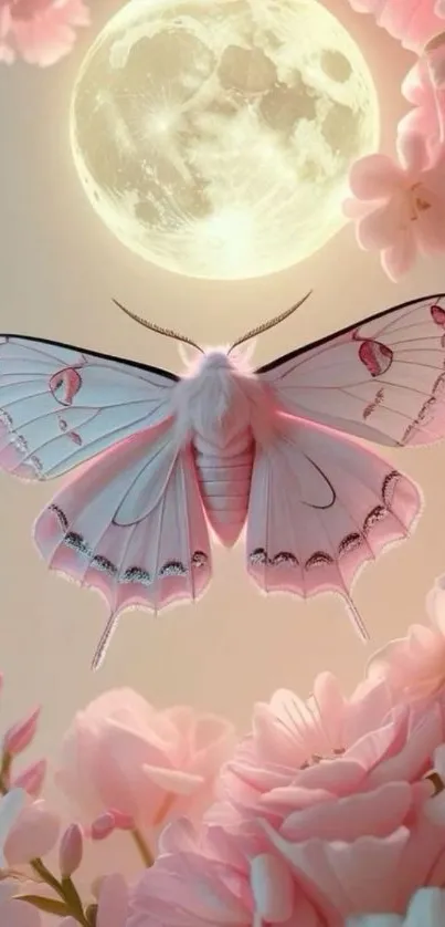 A butterfly in moonlight among pink blossoms on a serene night.