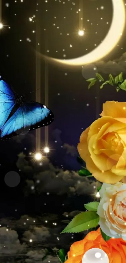 Blue butterfly and roses under moonlit sky on wallpaper.