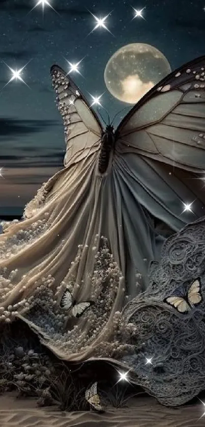 Ethereal butterfly dress glowing under the full moon by the serene ocean.