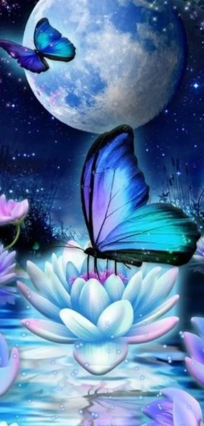 Butterfly resting on a lotus flower under a moonlit sky.