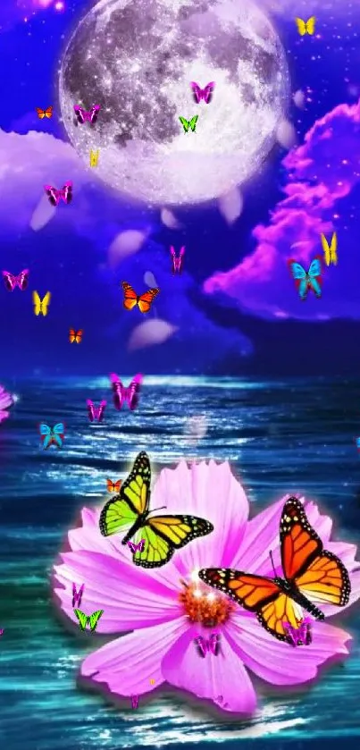 Moonlit scene with butterflies and flowers.