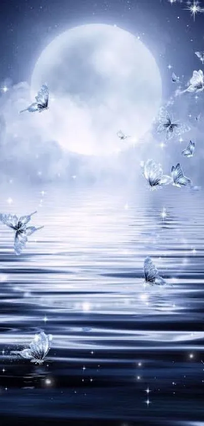 Moonlit night with butterflies over water surface.