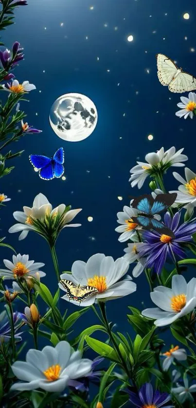 Moonlit garden with butterflies and flowers in a serene, starry night setting.