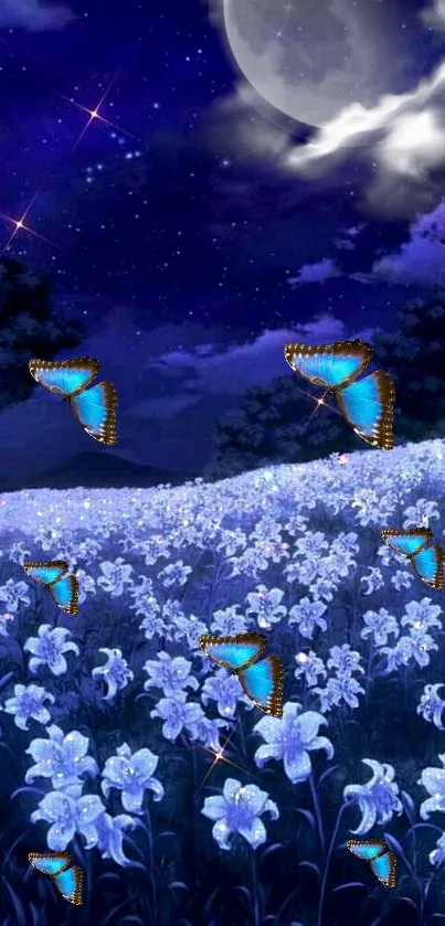 Butterflies flutter over moonlit meadow under a starry night sky.