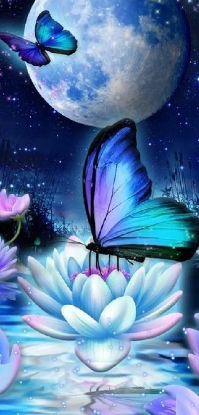 Vibrant butterfly on a lotus with a starry moonlit background.