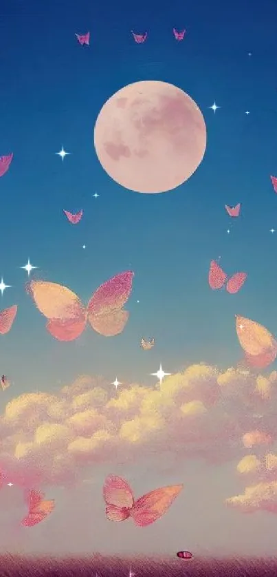 Full moon with pink butterflies in a night sky wallpaper.