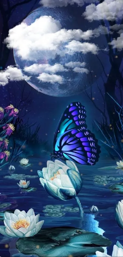 Moonlit butterfly with lotus flowers under a night sky.