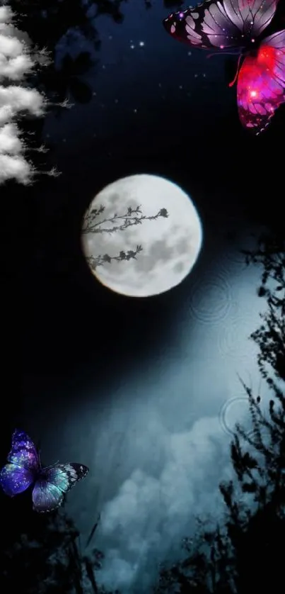 Moonlit night with vivid butterflies and glowing full moon.