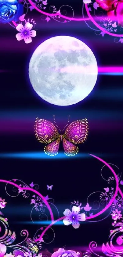 Moonlit butterfly with vibrant flowers in a dark backdrop.