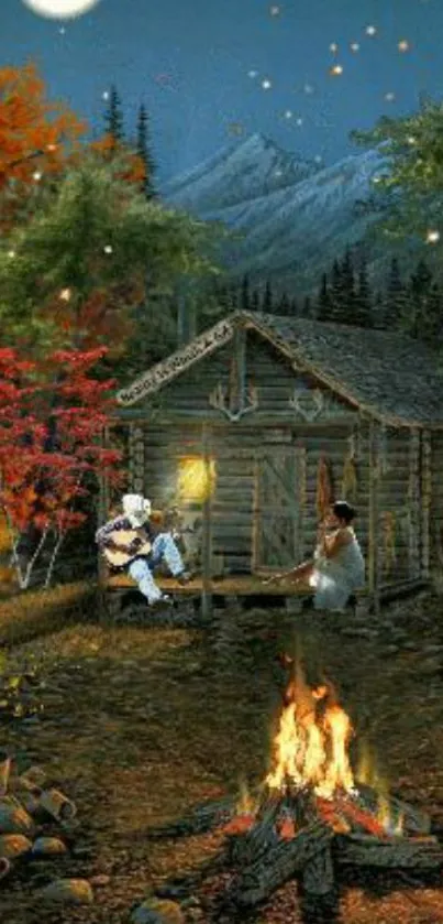 Moonlit mountain cabin with campfire, surrounded by autumn trees.