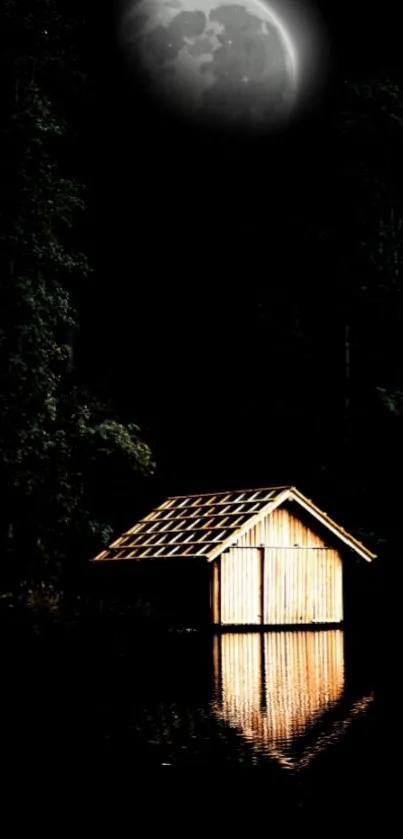 A quaint cabin by a moonlit lake in a serene night setting.