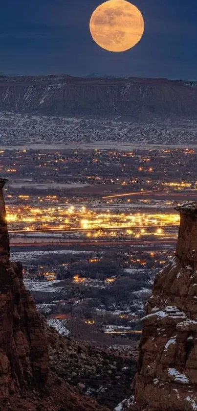 Moonlit canyon with city lights in the background, creating a serene landscape.