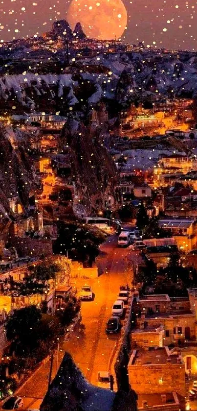 Moonlit Cappadocia cityscape at night with glowing amber lights.