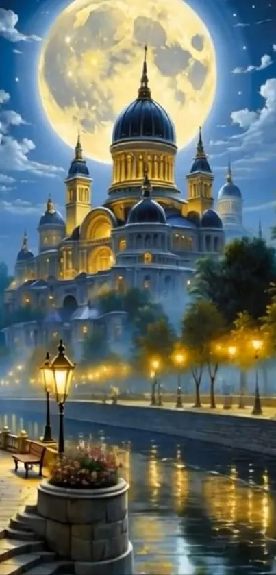 Fantasy scene of a moonlit castle by a river under a starry sky.