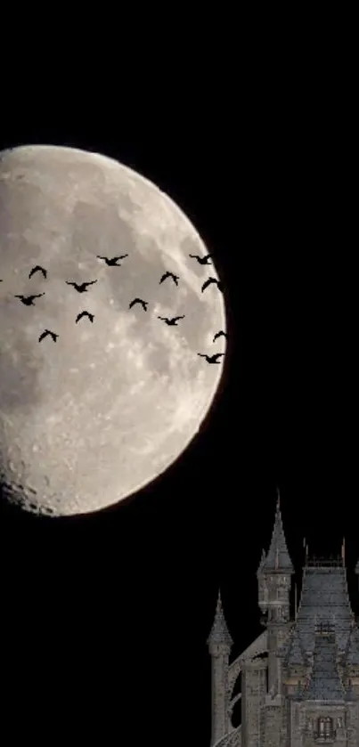 Crescent moon and gothic castle with flying bats on a dark background.