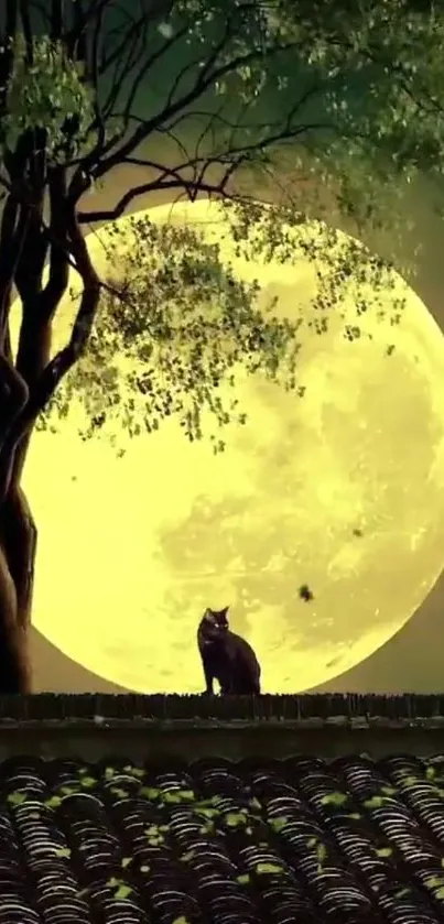 Silhouette of a cat under a tree with a moon in the background.