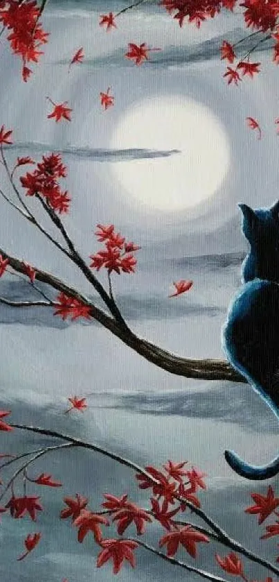 Black cat on a branch under moonlight with red leaves.