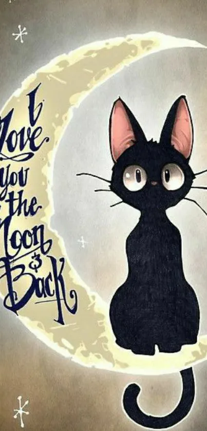 Charming black cat sitting on a crescent moon with the phrase 'I love you to the moon and back.'