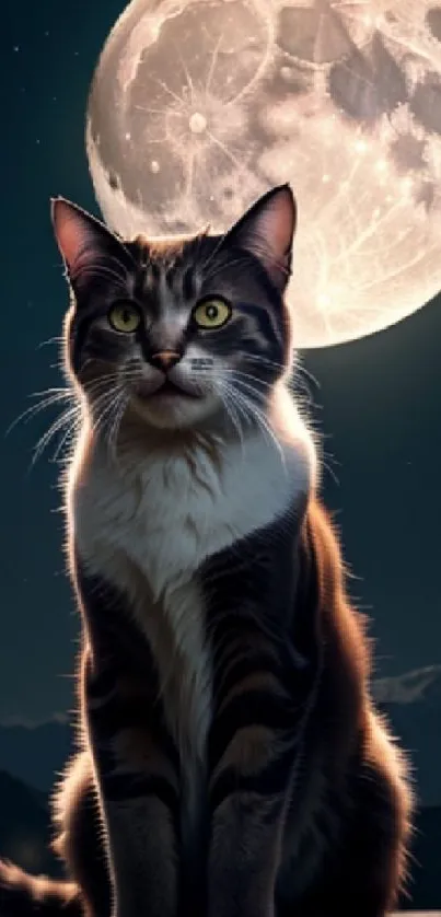 A cat sits under a glowing full moon in a serene night landscape.