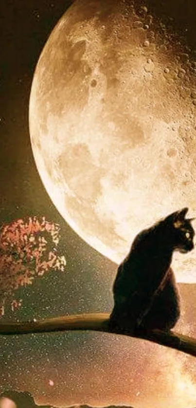 Cat silhouette on branch with full moon backdrop.