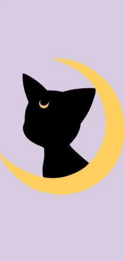 Black cat silhouette on crescent moon with lavender background.