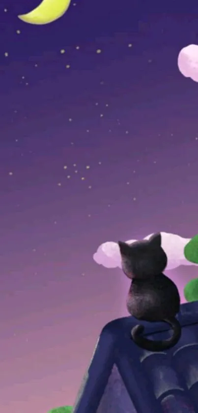 Cat on rooftop under a moonlit sky with purple hues.