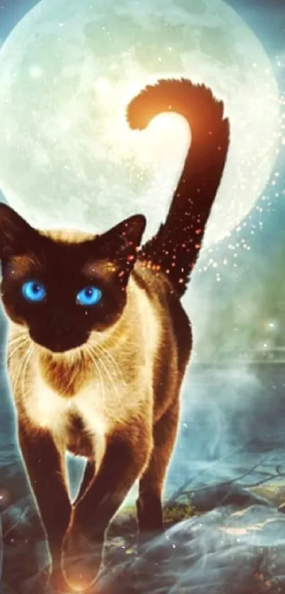 Cat with blue eyes under a full moon night sky, mystical ambiance.