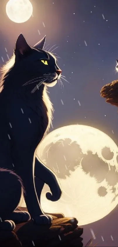 Silhouetted cats under full moon in night sky wallpaper.