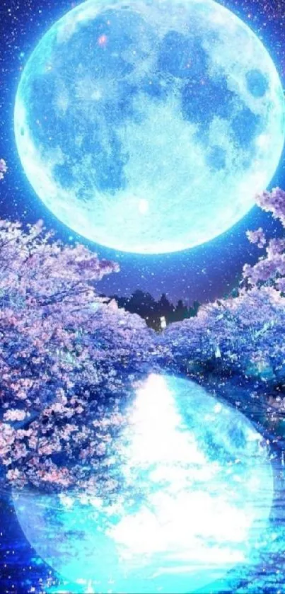 Luminous moon over cherry blossom-lined river.