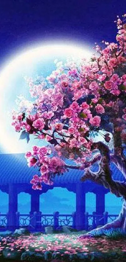 Moonlit cherry blossom tree under a glowing night sky.