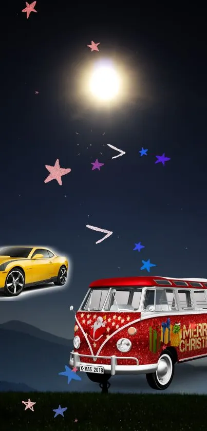 Moonlit Christmas van and sports car wallpaper.