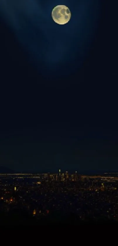 Full moon over city skyline at night, dark sky.