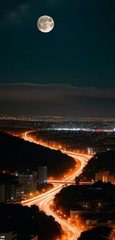 Moonlight over a city with orange lights and dark blue sky.