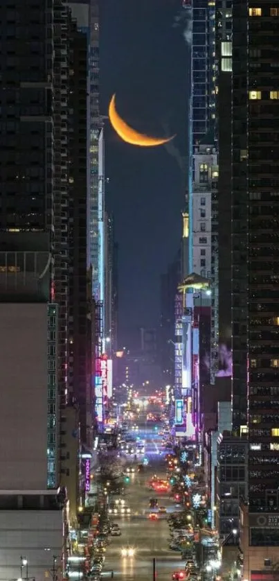 Moonlit city street with vibrant lights.