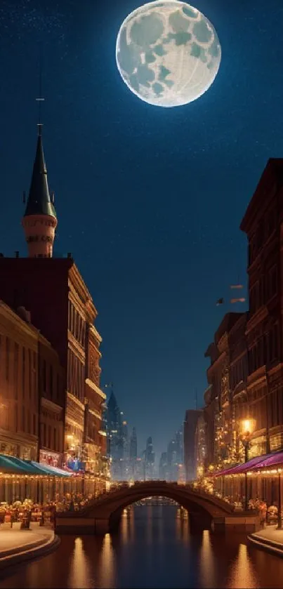 Moonlit city street with water reflections and serene night sky.