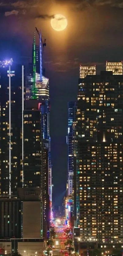 Moonlit cityscape at night with skyscrapers and glowing full moon.