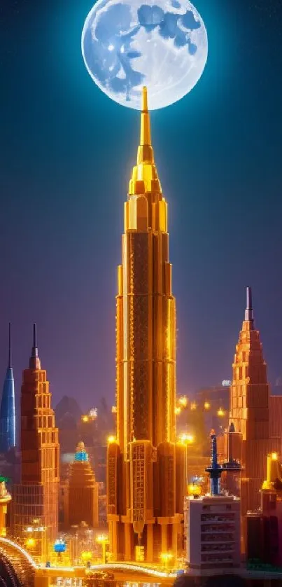 Vibrant Lego cityscape under a full moon, illuminating the skyline with orange hues.