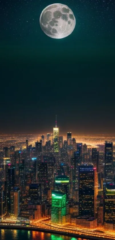 Moonlit cityscape with glowing lights and night sky.