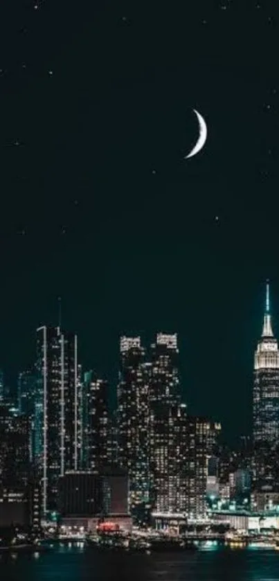 Moonlit city skyline with crescent moon at night.