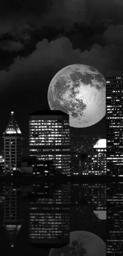 A black and white cityscape with the moon shining above.