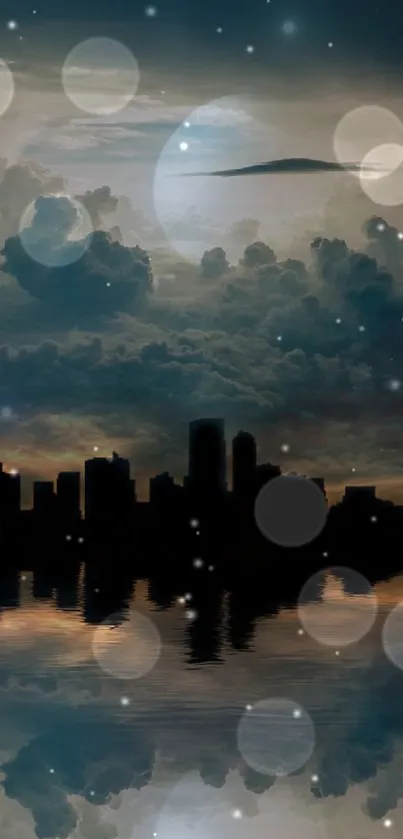 Moonlit cityscape wallpaper with serene reflection and dark skies.