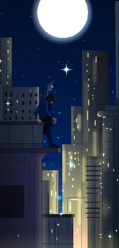 Moonlit cityscape with silhouette figure.