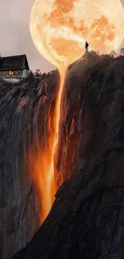 A dramatic moonlit waterfall cascading down a cliff.