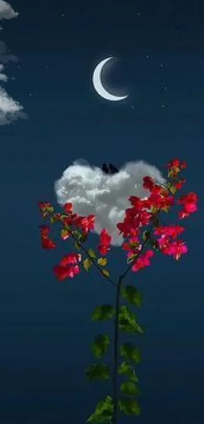 Moonlit night with red flowers and clouds in a deep blue sky.