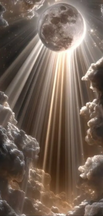 Moonlit clouds with radiant beams of light creating an ethereal scene.