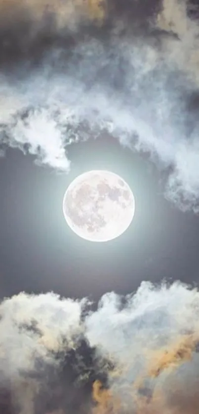 Moonlit clouds with a bright full moon in a serene night sky wallpaper.