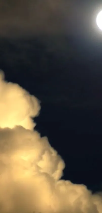 Moonlit night sky with glowing clouds.